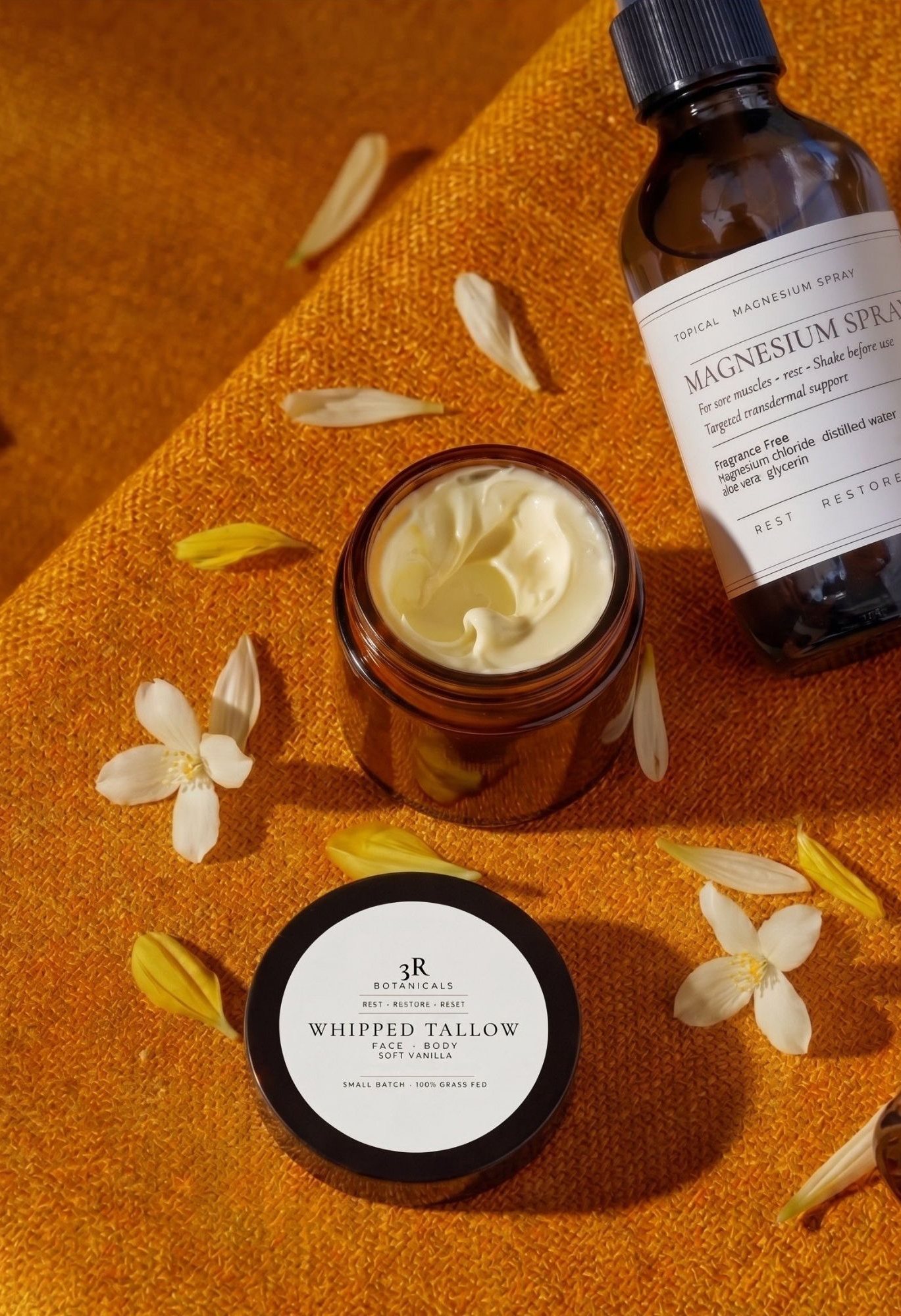 Whipped tallow and magnesium spray on marigold linen